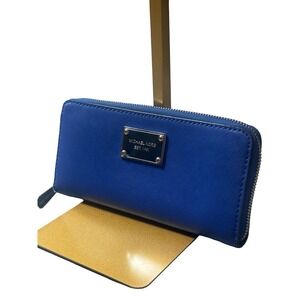 Michael Kors Jet Set Continental Wallet Royal Blue Saffiano Leather Zip Around
